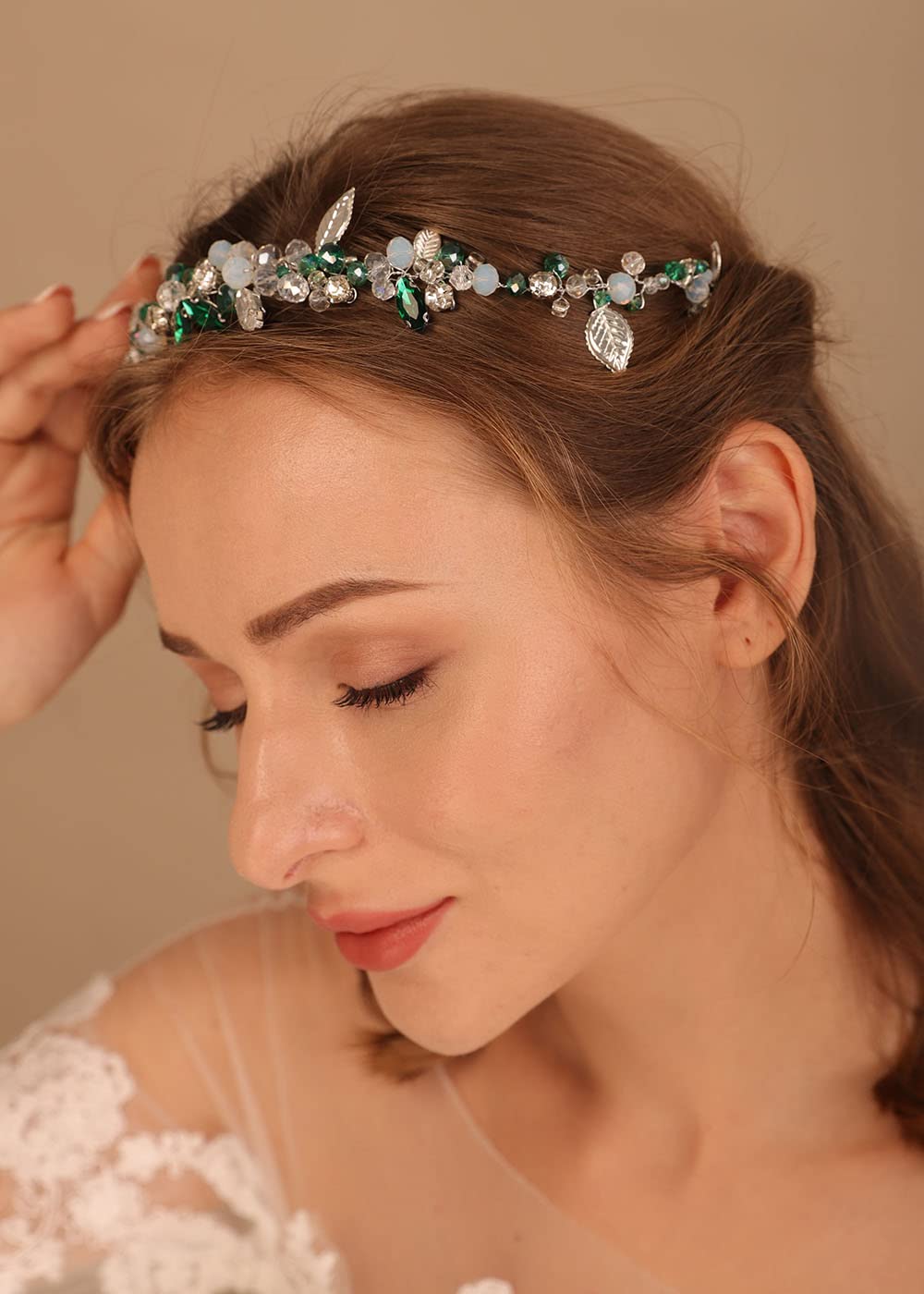 Denifery Silver Wedding Headband Green Crystal Hair Vine Rhinestone Headpieces C Denifery Silver Wedding Headband with Green Crystal Hair  main image 2