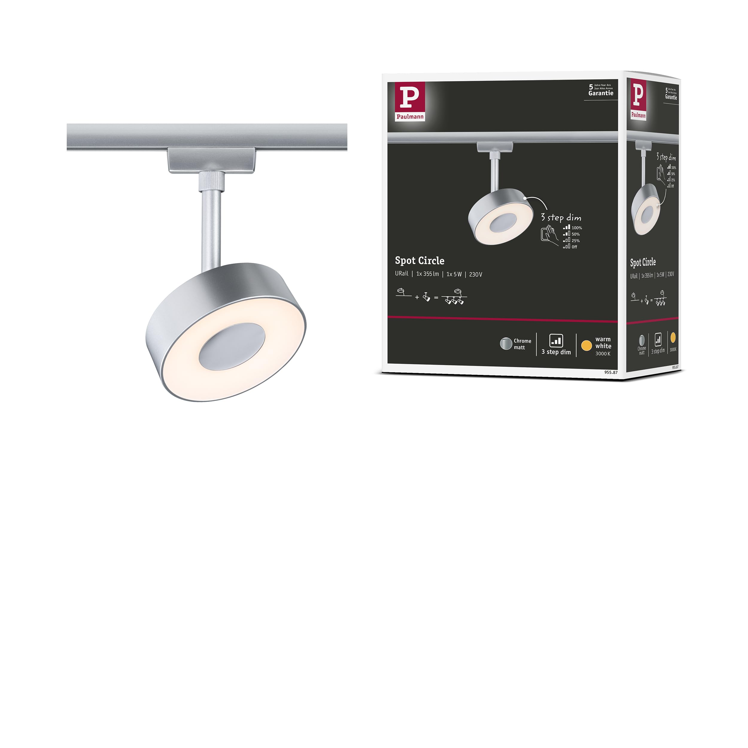 Paulmann 95587 3-Step-Dim Circle URail LED Rail spot 160lm 5W 3000K dimmable 230V Chrome matt Rail System