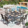 PHI VILLA 9 PCS Patio Dining Set, All-Weather Outdoor Furniture for 8, Lightweight Stackable Chairs with Breathable Fabric and Large Square Metal Table for Garden Yard Deck, Grey