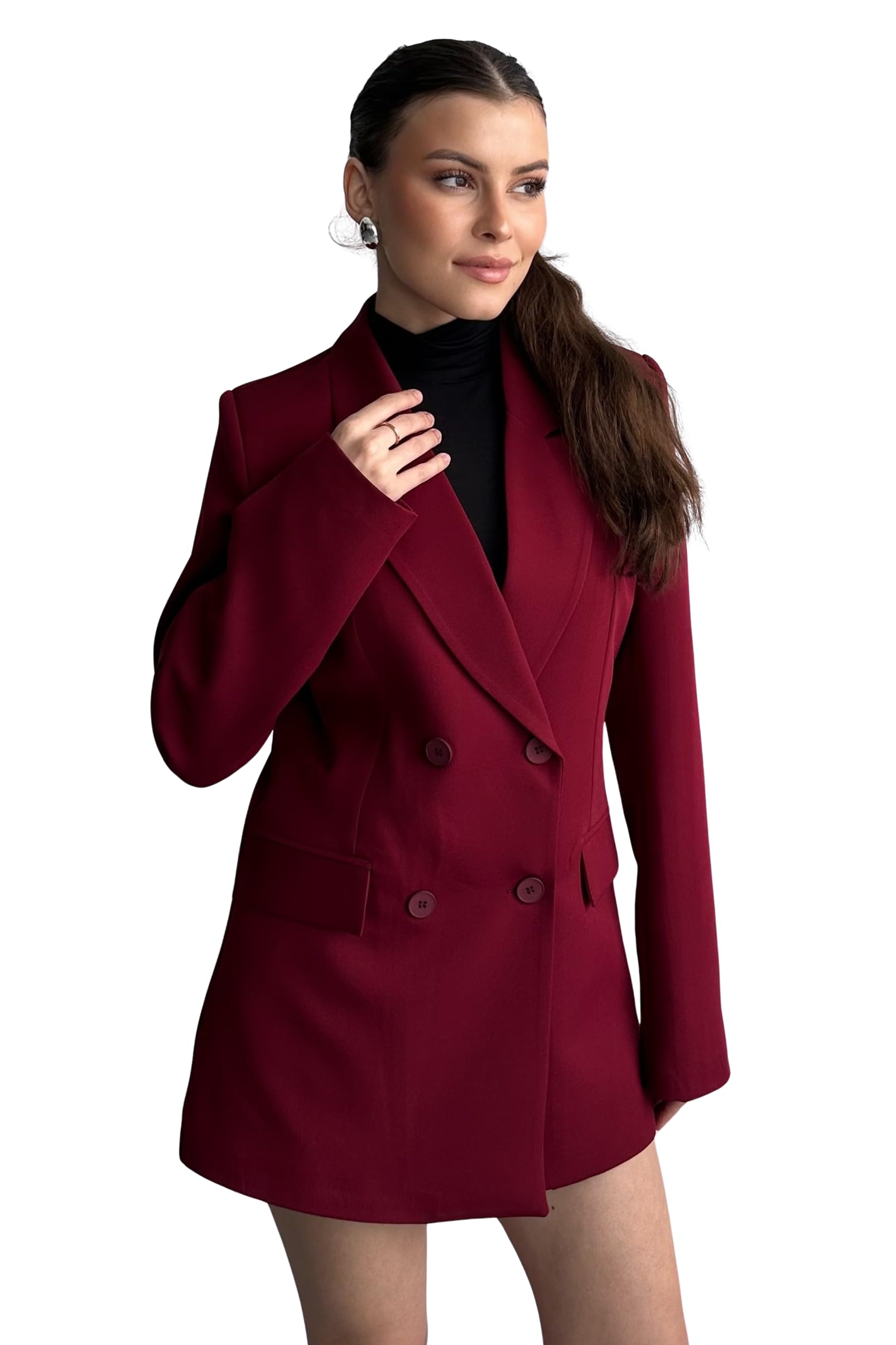 Kadın Düğme Detaylı Oversize Blazer Ceket Kruvaze Yaka
