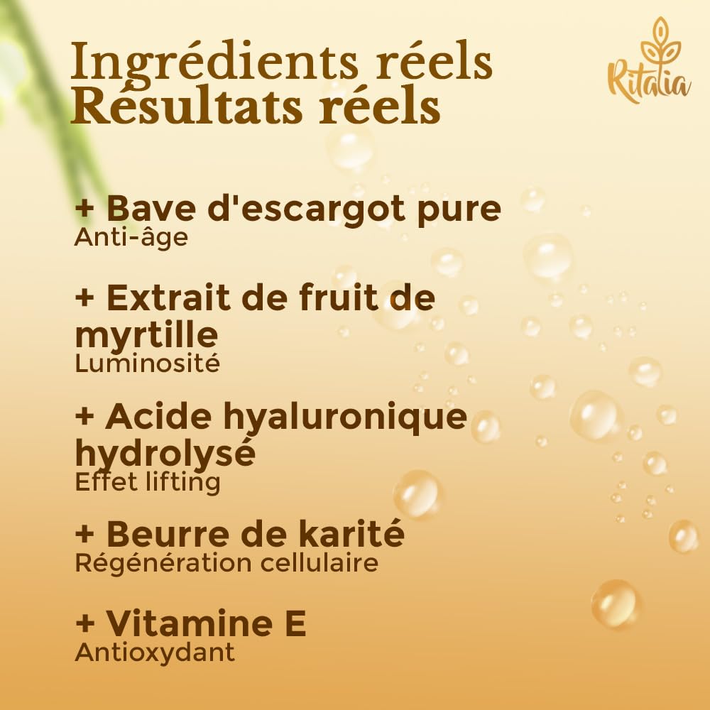 Crème visage 100 ml à la bave d'escargot à 75% et à l'acide hyaluronique pur de Ritalia, pour femme et homme – Ingrédients bio, action anti-rides et hydratante