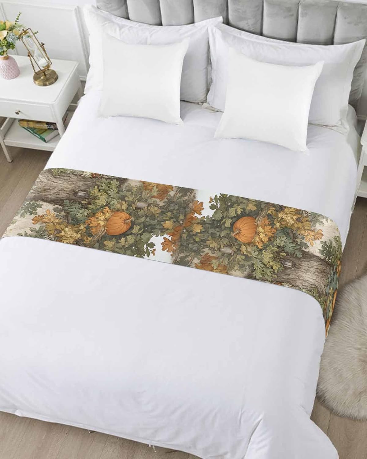 Fall Pastoral Pumpkin Leaves Bed Runners for Bedroom Hotel,Decorative Bedding Scarf Retro Forest Gradient Leaf Bed End Blanket Bedding Runner Scarves for Queen Size Beds,94x20in