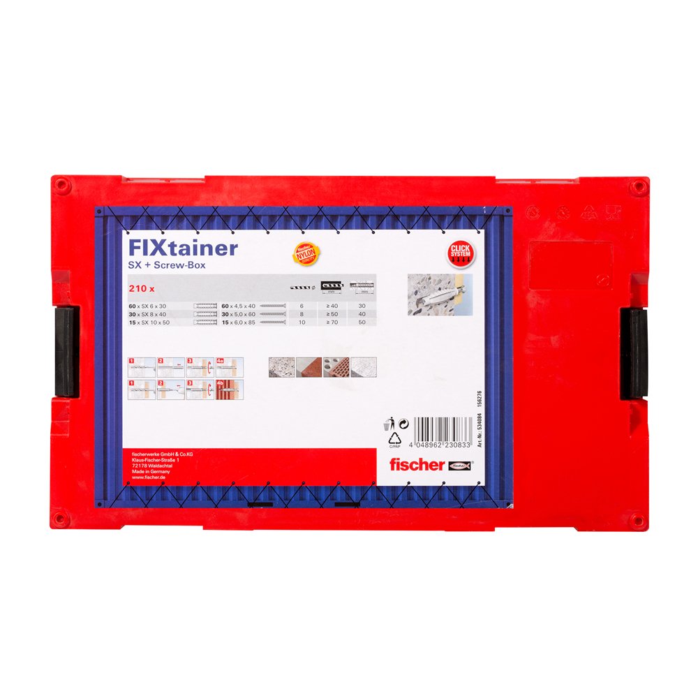 Fischer FixTainer SX + Viti, Valigetta 105 Tasselli con vite per fissaggio su Muro pieno e Mattone Forato, 534084 | con vite per fissaggio su Muro pieno e Mattone Forato, 534084