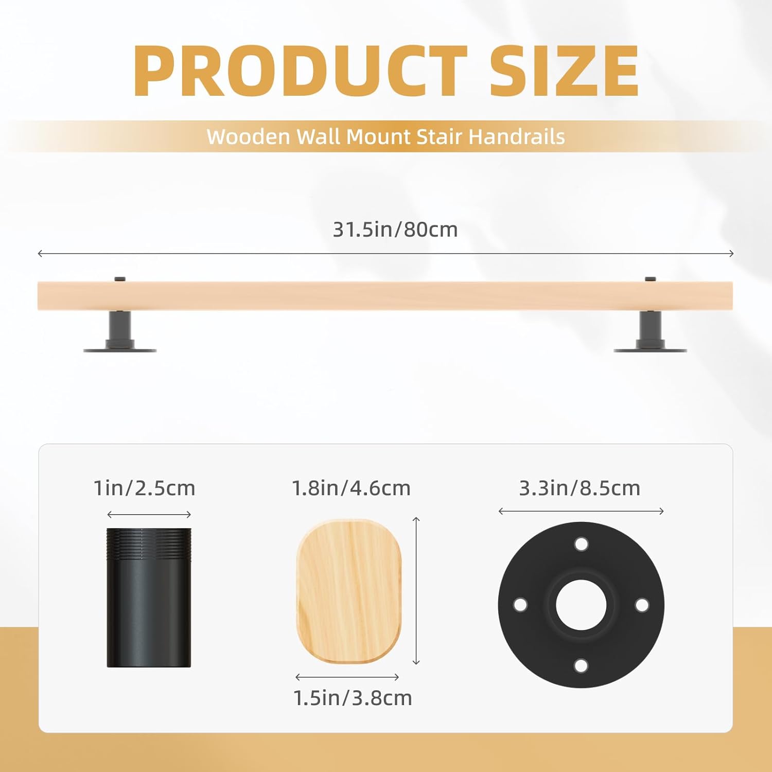 2.6 FT Wood Handrails for Indoor Stairs, Wall-Mounted Staircase Handrails for Indoor Outdoor Stairs, Non-Slip Stair Railing Indoor for Kids, Elderly, Pregnant Women, Disabled 2.6FT