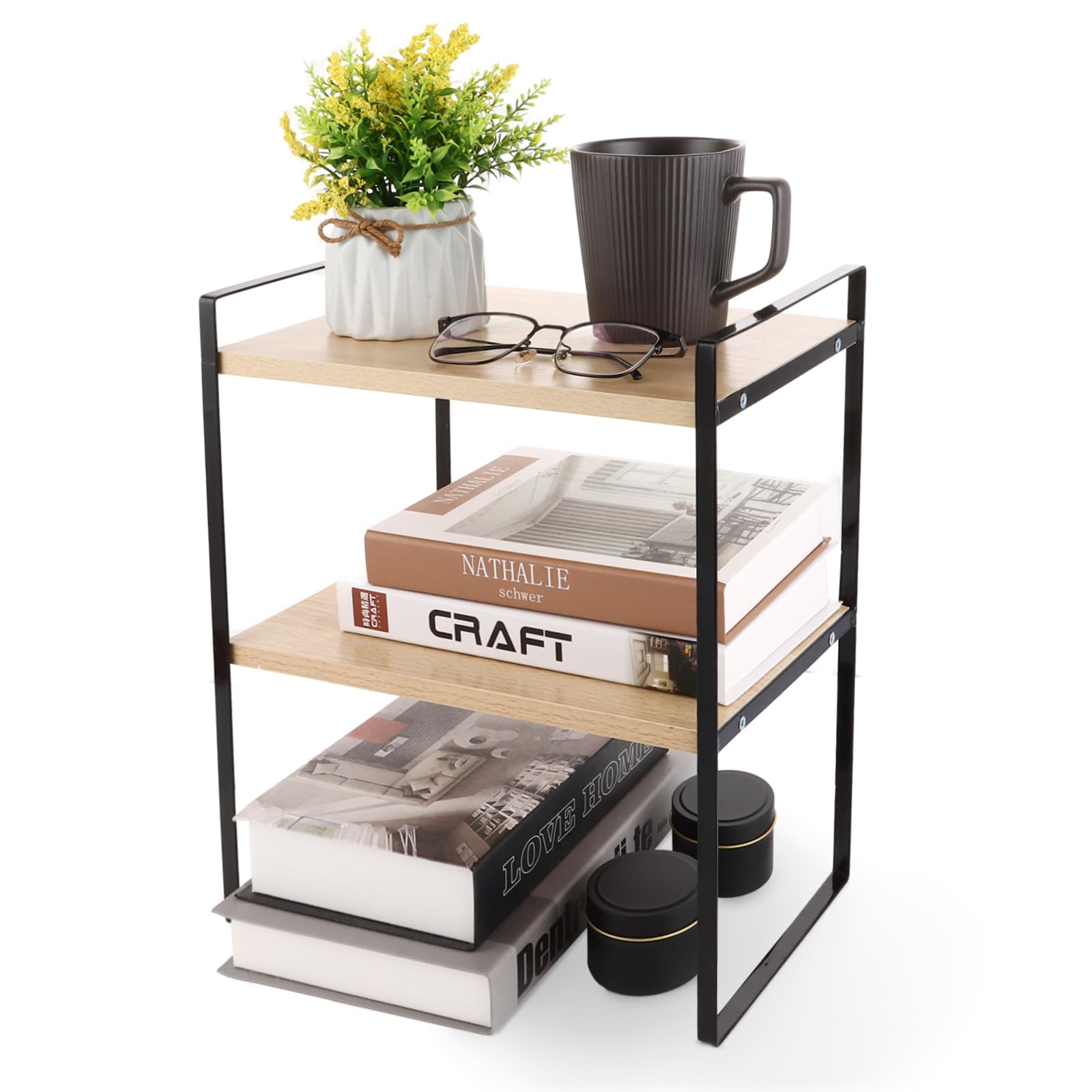 Mensola da scrivania, ripiano da cucina, mini scaffale in legno a 2 livelli, per scrivania, comò e cucina, piano di lavoro (nero + legno)