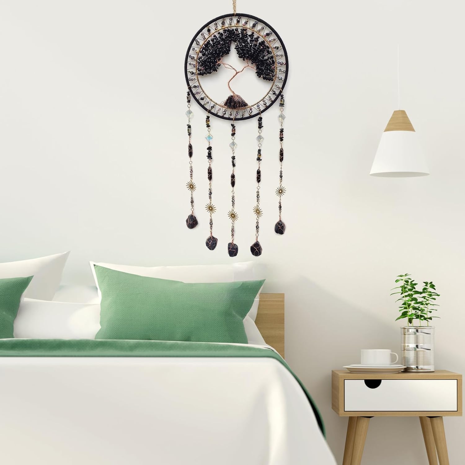 Crystal Tree of Life Dream Catchers with Stone Pendant Black Dream Catcher Wall Decor Handmade Dreamcatcher Wall Hanging Ornament for Bedroom Living Room Home Decor