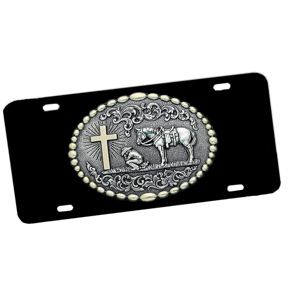 BrotherhoodProducts Praying Cowboy at Cross with Horse Aluminum License Plate