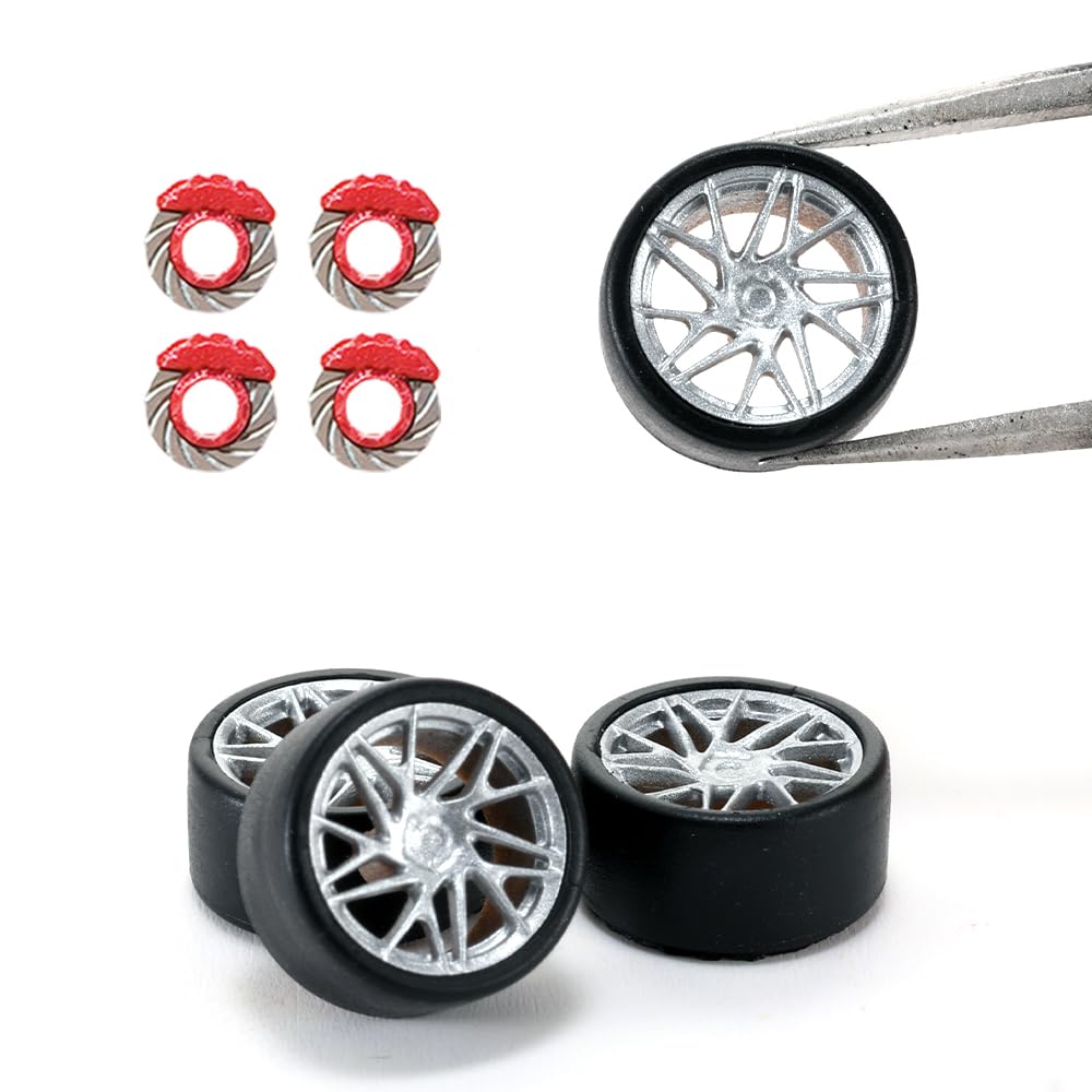 WAVEIST 1/64 Wheels 3D Printed with Red Etched Brake Disc,Silver Work Gnosis IS105, for Car Culture Model Cars Modificition,Diameter is 10.6mm/0.42in