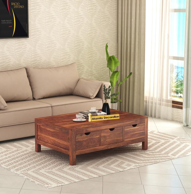 Image of MAMTA DECORATION Solid Sheesham Wood Coffee Table for Living Room | Wooden Center Table with 3 Drawers Storage for Home, Hall & Lounge | Modern Tea Table | Rectangular Coffee Table | Honey Finish