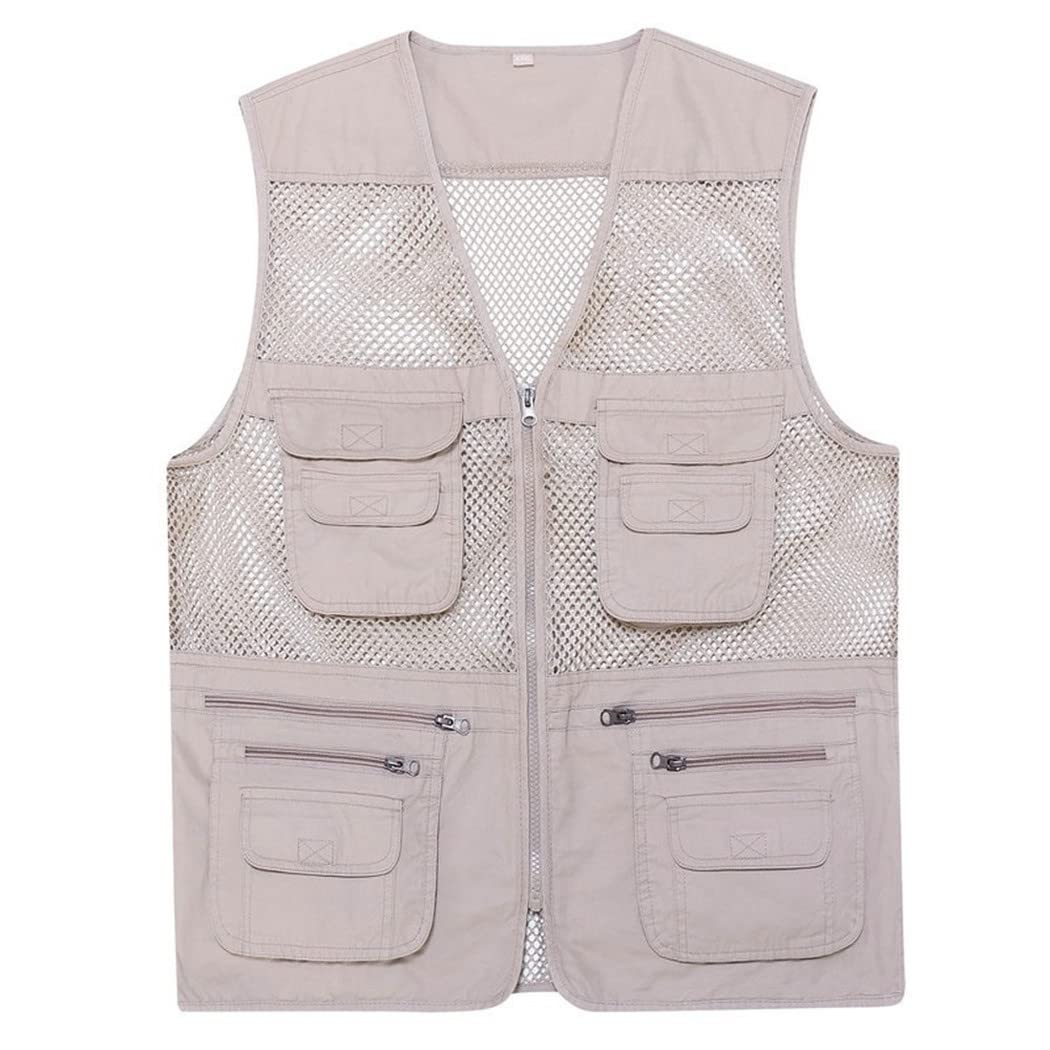 Chaleco de algodón suelto casual para hombre, chaqueta sin mangas con cremallera de malla con cuello en V, chaleco de primavera y verano con muchos bolsillos