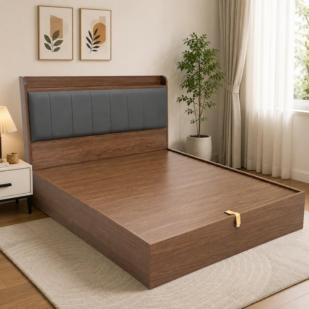 FOSEN Queen Size Hydraulic Storage Bed with Upholstered Headboard | Engineered Wood Bed Frame with Melamine Finish | Lift-Up Hydraulic Storage | Premium Platform Bed for Bedroom | Walnut Finish-image-10