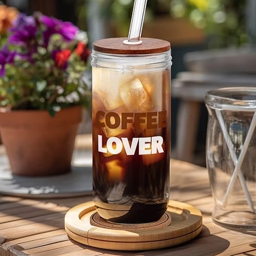 Miniatura 6 de ANOTION Taza de café helado, tarro Mason con tapa y pajilla, vaso de boca ancha de 24 onzas, vasos reutilizables para beber batidos y agua, botellas