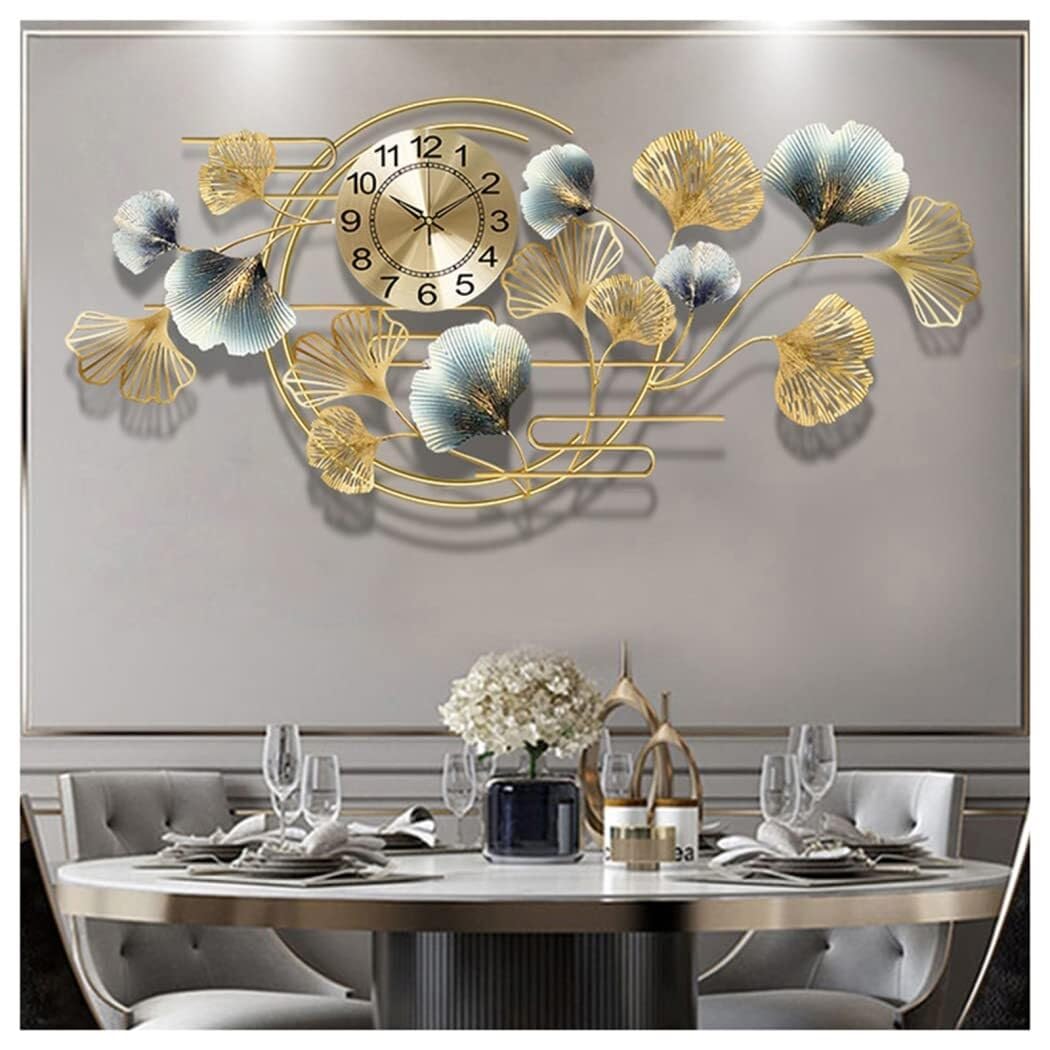 SaryEdge Wall Clock No-Ticking Silent Wall Clocks,3D Modern Art Design Metal Ginkgo Leaf Wall Decor for Living Room Cafe Clock Decoration 101 * 48cm,