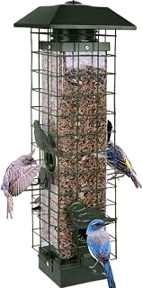 Henzavk Squirrel Proof Metal Bird Feeder for Outdoors - 4 Ports, 3LB Capacity, Hanging Green with Perches