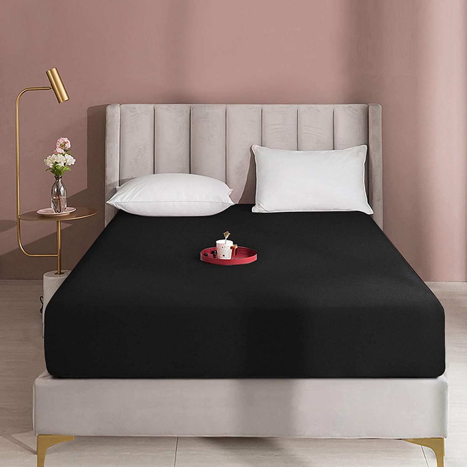 Queens Land Home Black Extra Deep 16"(40Cm) Non Iron Percale Plain Pollycotton Fitted Sheet-(Double, )