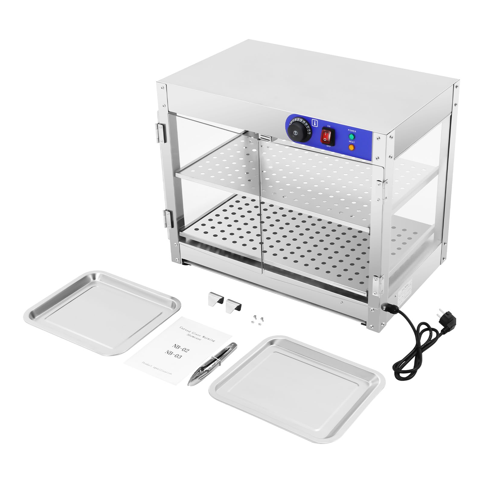 Vetrina calda a 2 ripiani, per scaldavivande, 30 – 85 °C, vetrina per scaldavivande, display per scaldabagni commerciali, con maniglie e clip per alimenti, 61 x 38 x 51 cm