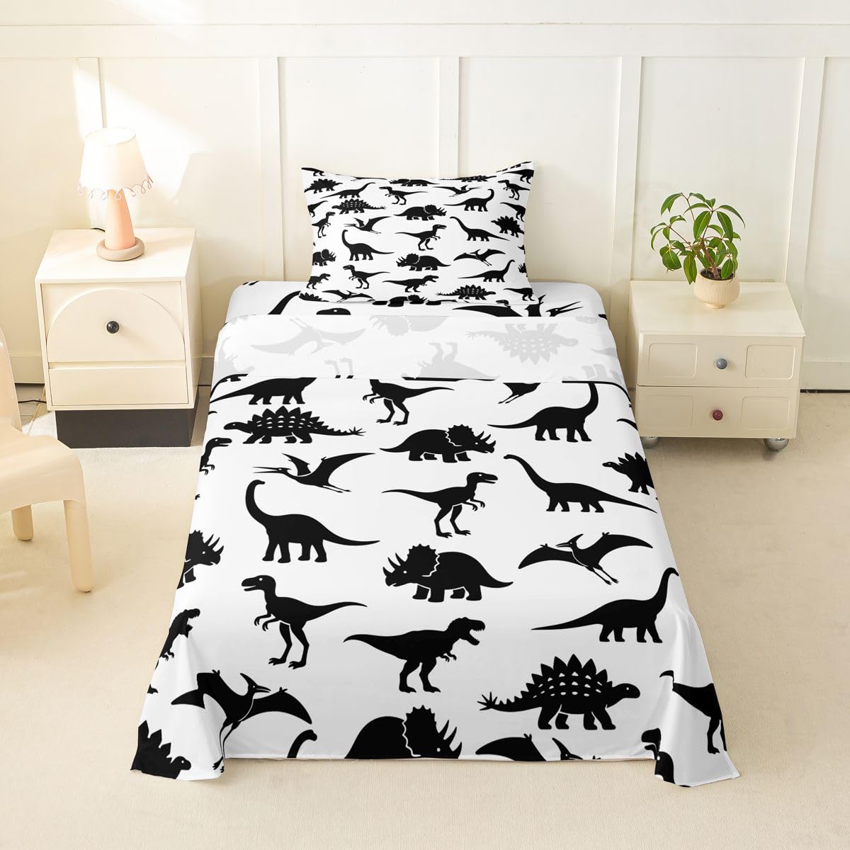 Feelyou Boys Queen Size Kids Dinosaur Sheets - Soft and Cozy Jungle Animal Pattern Bedding for Children Girls Toddler Bedroom - White Black Wild Dino Bed Set — image 1