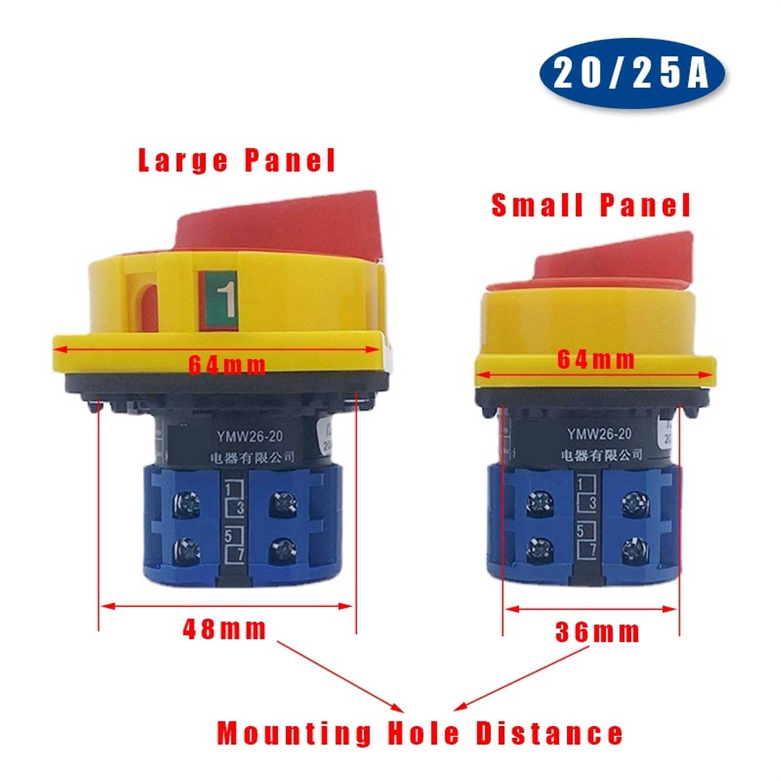 Interruttori di sezionamento OFF-ON a 4 poli da 20 A e 25 A LW26GS CA10 48x48 mm 64x64 mm Interruttore a camma rotante con lucchetto 1 pz(20A 64x64mm panel)