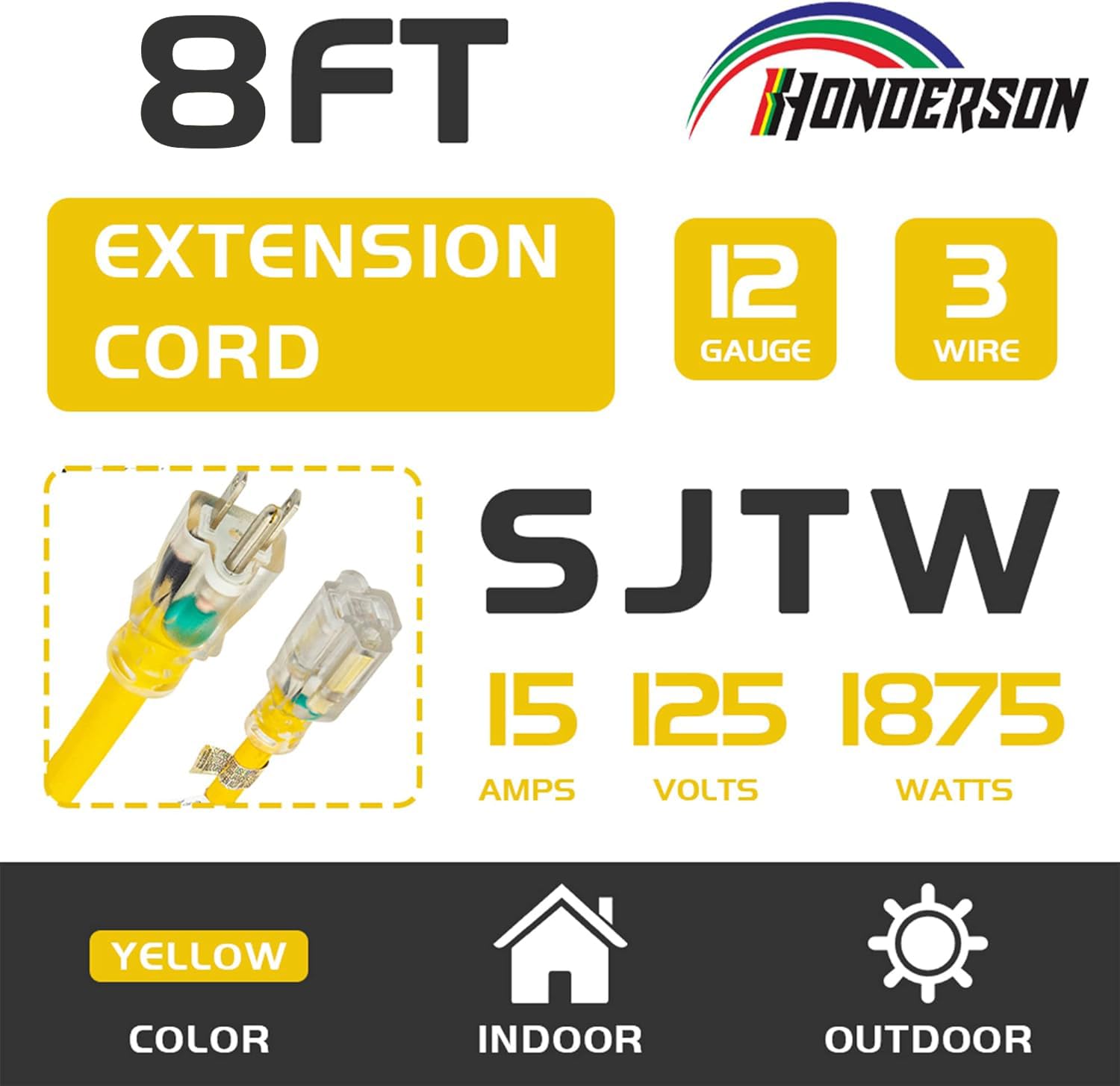 Cable de extensión para exteriores con iluminación de 12/3 de calibre 12, 3 puntas SJTW, cable de extensión amarillo resistente con enchufe de 3 puntas para mayor seguridad, certificado UL