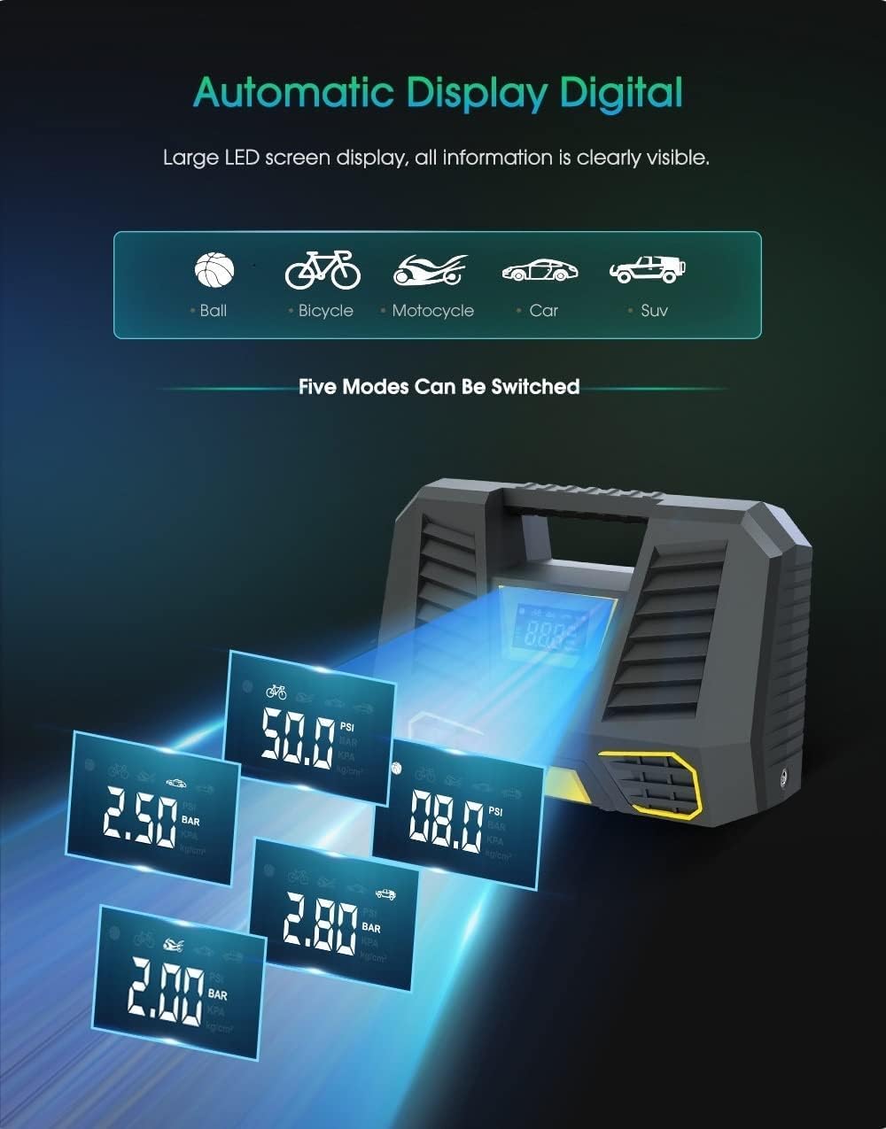 Przenośna sprężarka powietrza, 150 PSI, 12 V DC, pompka do opon z wyświetlaczem LCD i lampą LED, czarny/żółty