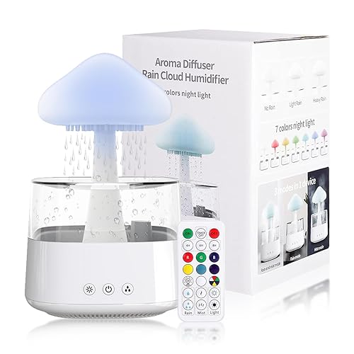 450 ML Humidificateur Nuage de Pluie, Diffuseur de Nuage de Pluie de Champignon avec Télécommande, Veilleuse D'Humidificateur de Nuage de Pluie, Humidificateur avec 7 Couleurs (Blanc)