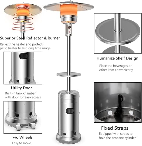 Miniatura 5 de Tangkula Calentador de propano de 48,000 BTU para patio con ruedas, calentadores de exterior para patio con mesa, quemador de acero inoxidable,