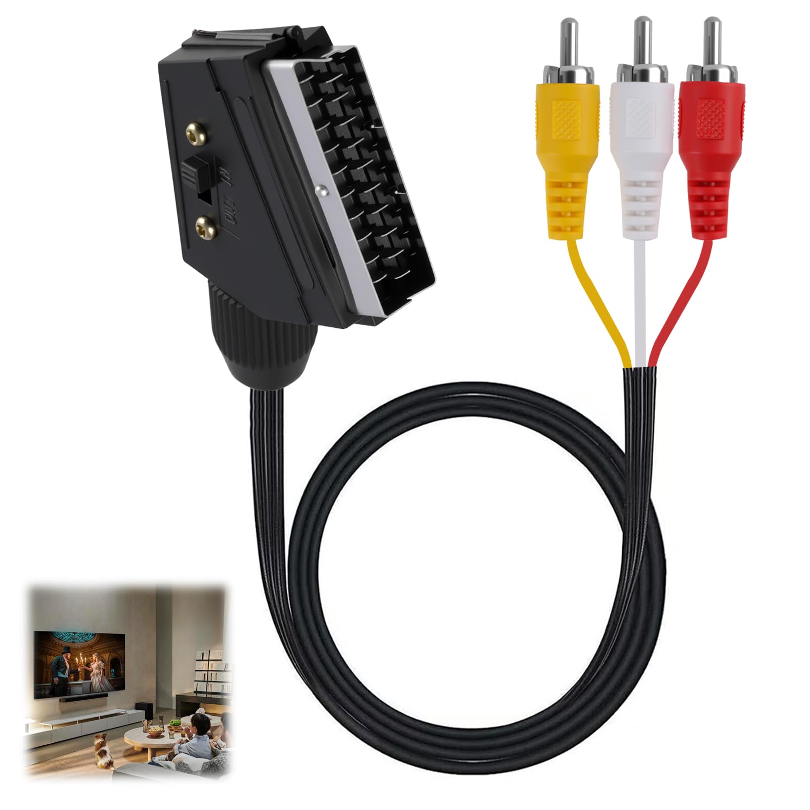Câble Péritel vers 3RCA Mâles de 1,5m, Câble Adaptateur Péritel Audio Vidéo Convertisseur pour TV, DVD, Magnétoscope, Système Home Cinéma, Transmission unidirectionnelle