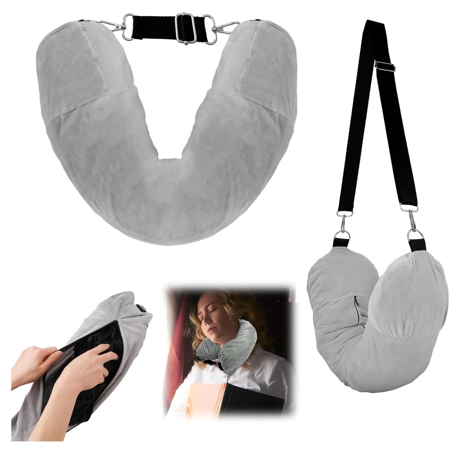 Almohada para El Cuello Almohada De Viaje Rellenable para El Cuello con Compartimento para Guardar Ropa Soporte de Viaje de Cojín(Grey)