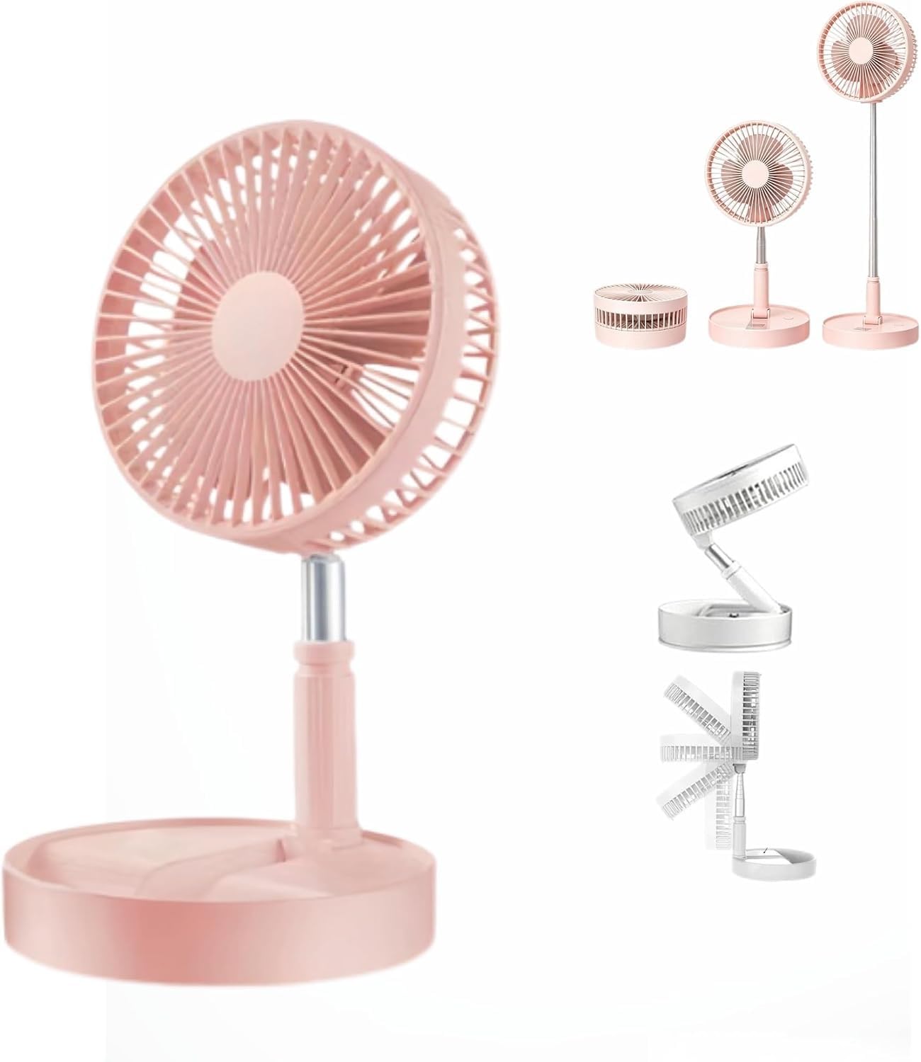 Ventilatore da terra pieghevole ricaricabile, ventilatore portatile silenzioso senza fili telescopico for viaggi in campeggio in ufficio a casa(Pink,2400mAh)