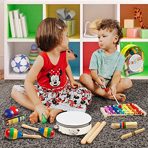 Stoie's 19 pcs Musical Instruments Set for Toddler and Preschool Kids Music Toy - Wooden Percussion Toys for Boys and Girls Includes Xylophone - Promotes Early Development and Educational Learning.