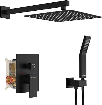 SR SUN RISE Black Square Rainfall Shower Head and Handle Set, Wall Mounted Shower Fixtures, Metal Shower Faucet Trim Repair Kits (With Shower Valve)