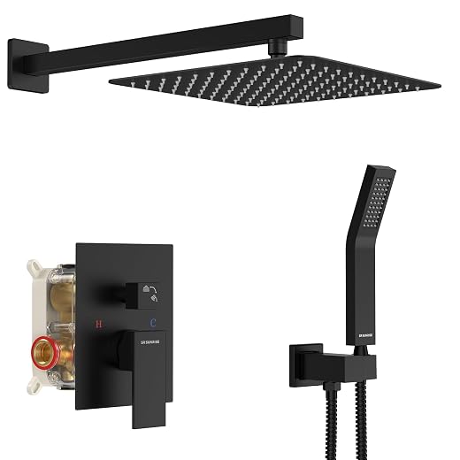 SR SUN RISE Black Square Rainfall Shower Head and Handle Set, Wall Mounted Shower Fixtures, Metal Shower Faucet Trim Repair Kits (With Shower Valve)