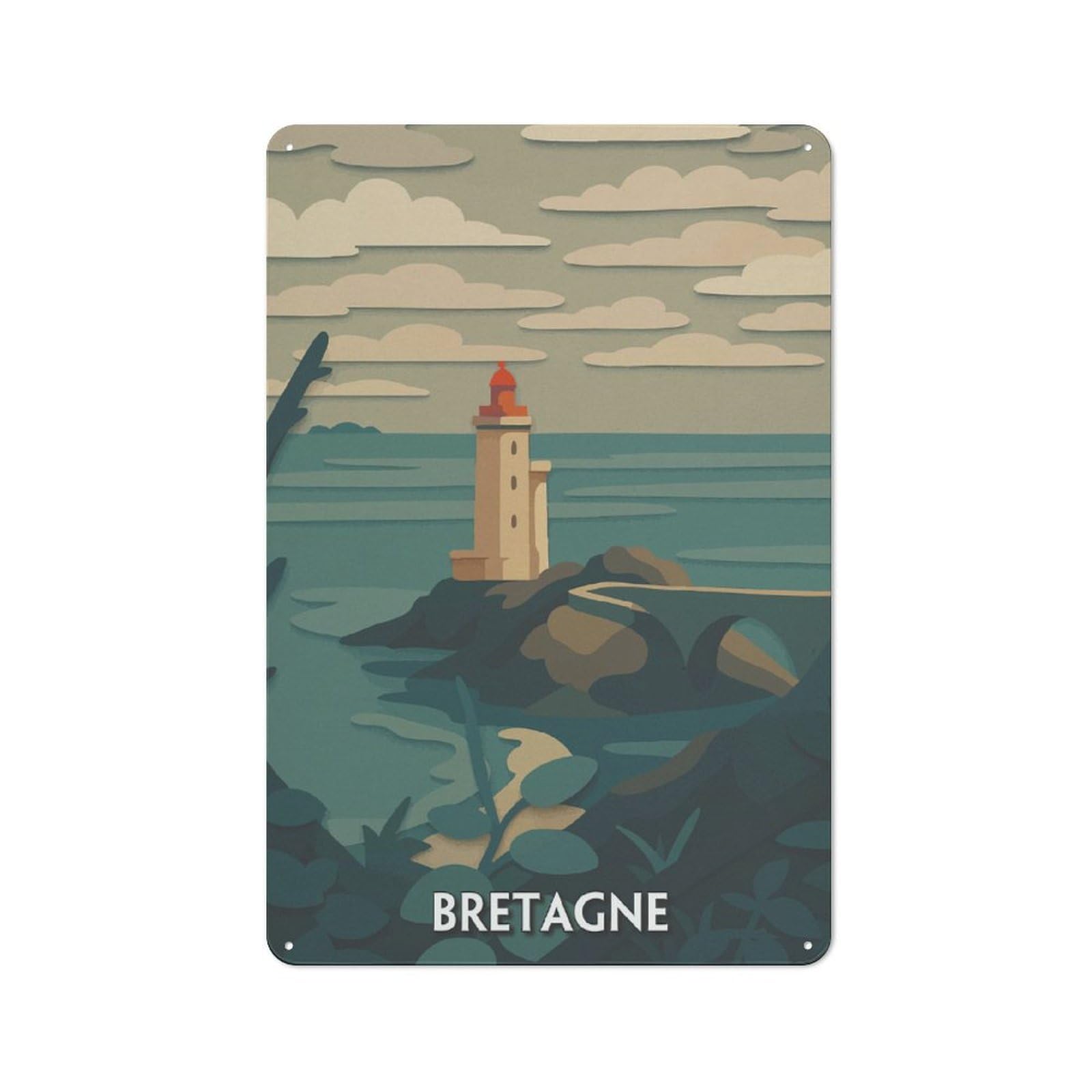 Junmoney Style-14 Metal Wall Plaque With Bretagne Lighthouse Coastal Scene Illustration Design 30X20cm, Simple Retro Studio Wall Plaque For Hobby Room, Office, Lounge Or Living Room
