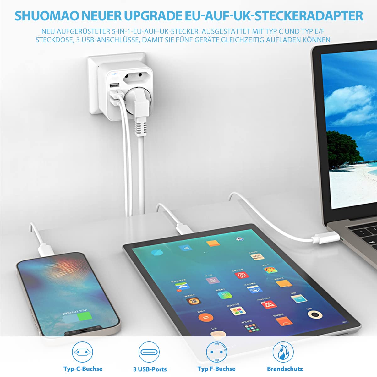 VGUARD [1 Pack] Adattatore Da Europa A Regno Unito, Confezione Adattatore Da UE A Regno Unito Adattatore Da 2 Pin A 3 Pin Per Dispositivo Elettronico Da Viaggio - Bianco - Foto 9