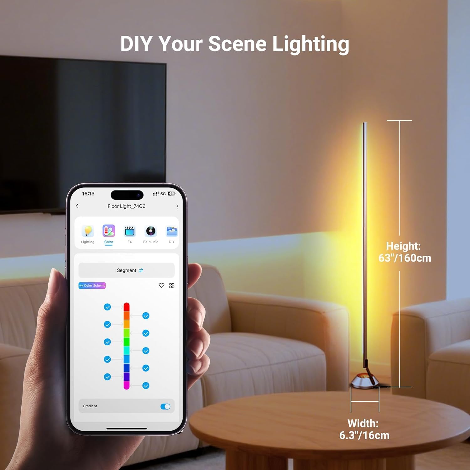 NEEWER Inteligentna lampa podłogowa RGBW, lampa narożna LED o mocy 1500 lm, kompatybilna z Alexą i Asystentem Google, sterowanie aplikacją/AI DIY/synchronizacja muzyki/16 milionów kolorów, NF01