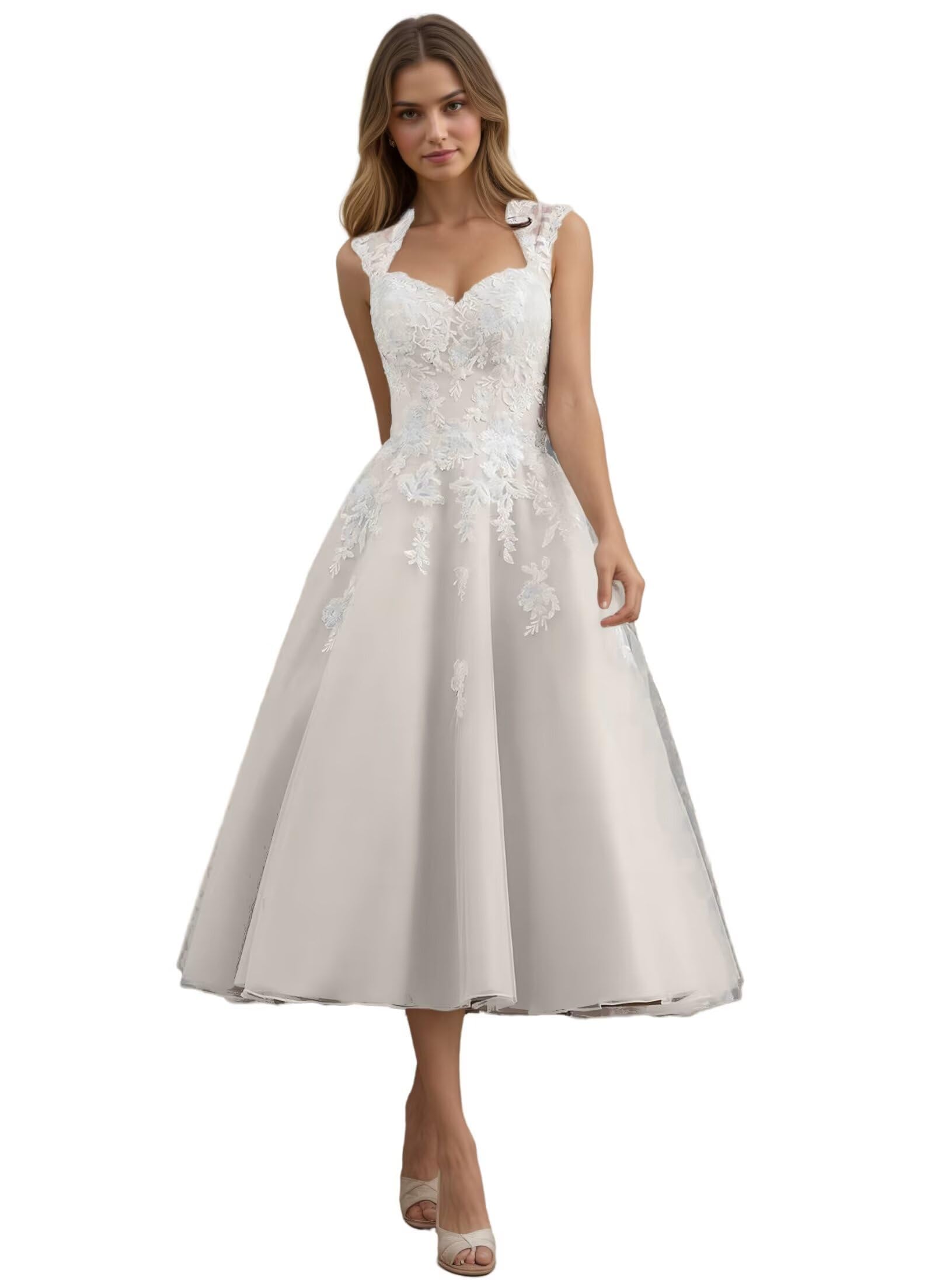 Tüll Midi Brautkleider für Braut Tee Länge Boho Spitze Hochzeitskleider mit Ärmeln für Frauen