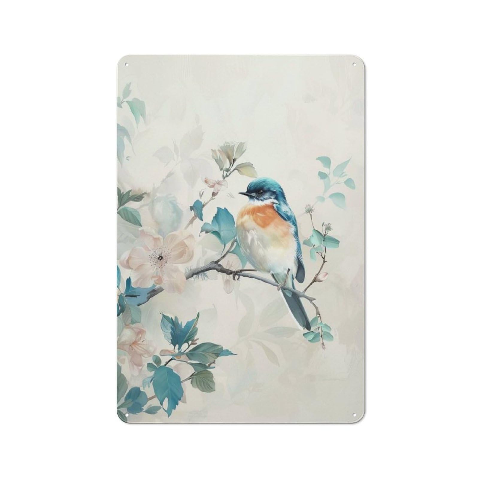 Junmoney Bluebird On Branch With Flowers Metal Plaque 30X20cm With For Pub Or Café, Rustic Decor, For Pub Decor Enthusiasts