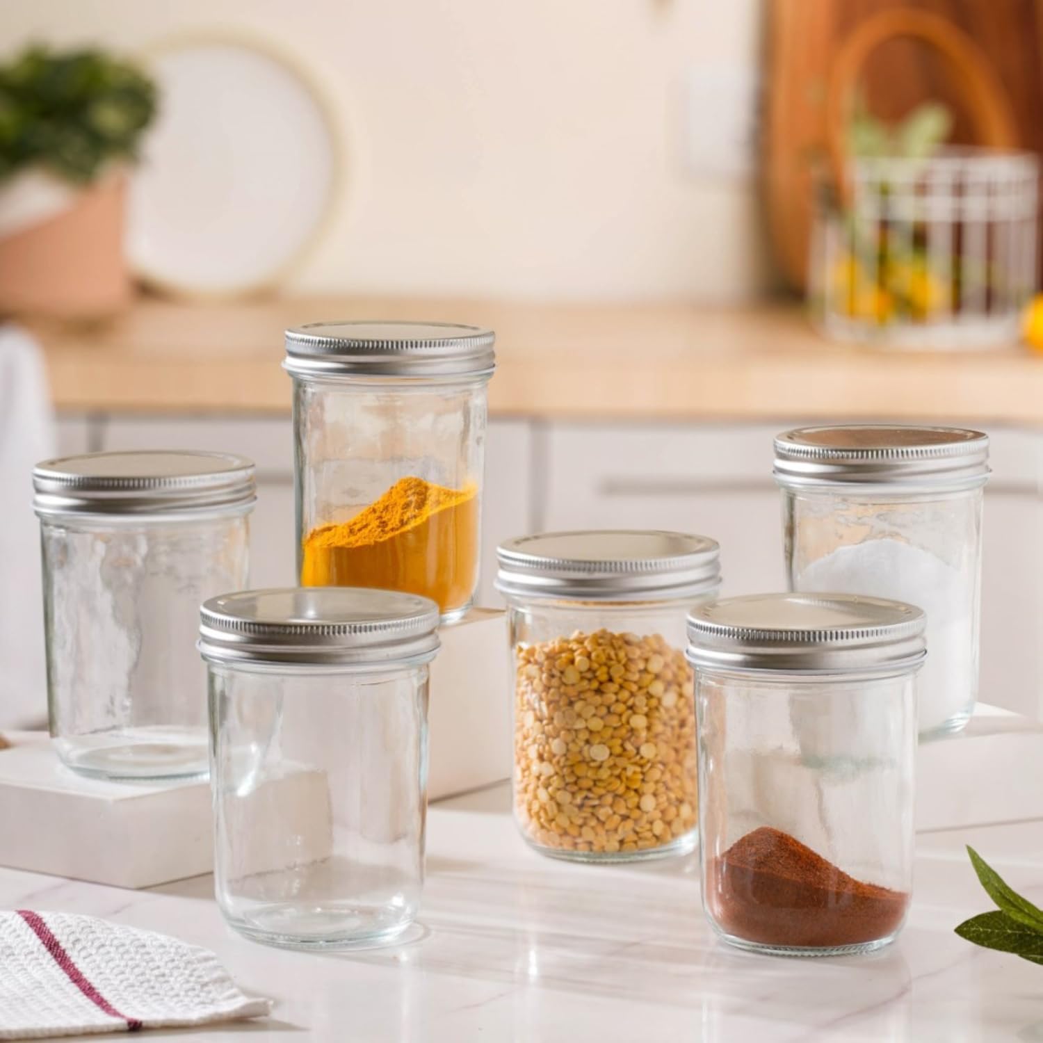 Nestasia Glass Containers for Kitchen Set of 6-400ml, Airtight Small Transparent Glass Jar with Lid for Kitchen Pantry, Spice, Masala, Pickles, Dry Fruits, Coffee Beans Storage