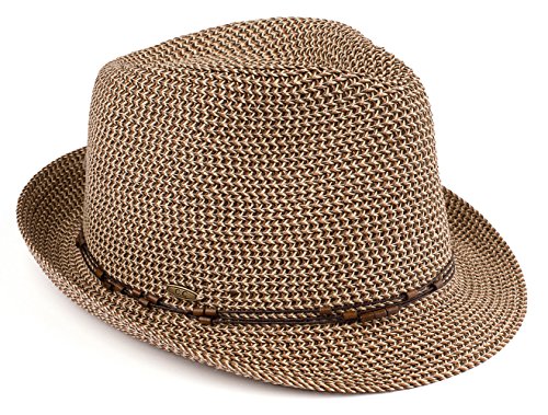 Funky Junque Women's Fashion Summer Straw Fedora Hat Upf50+ Sun Protection Adjustable Short Brim - Brown Multi W/Beaded Ropes