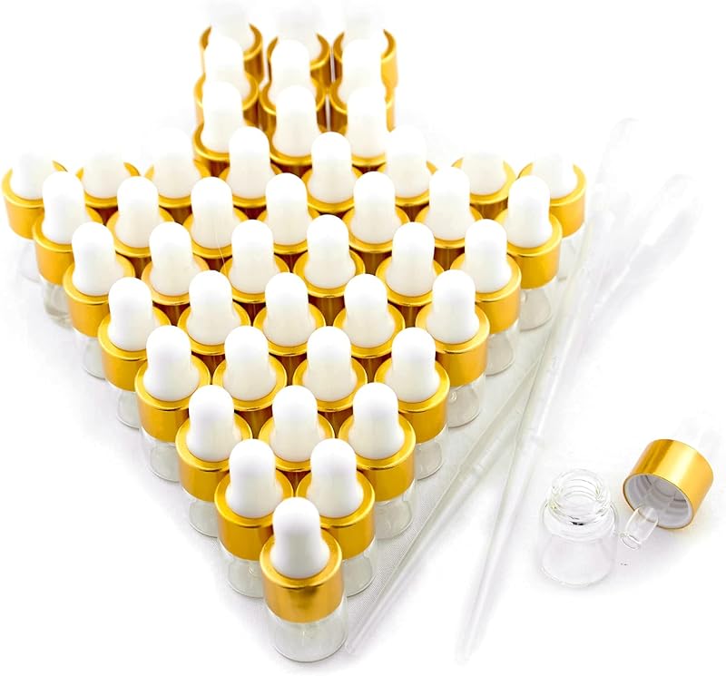 Frascos conta-gotas mini Easeen de vidro 1 mL com tampas douradas e conta-gotas plásticos, Pacote com 50