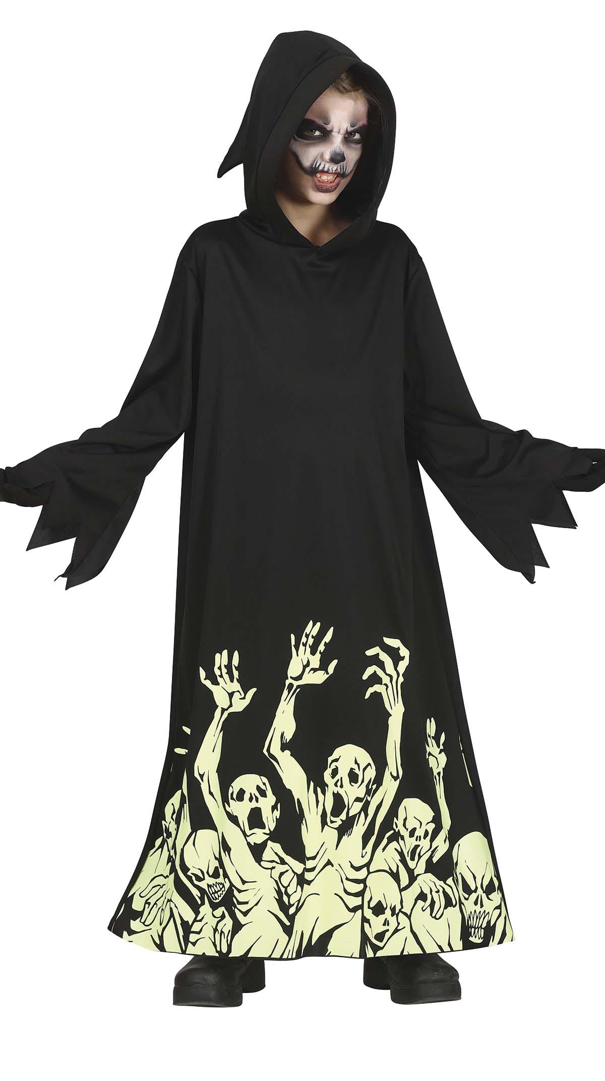 FIESTAS GUIRCA Grim Reaper Fancy Dress Costume - Black Tunic with Glow in the Dark Skeletons Print and Hood for Kids 10-12 Years