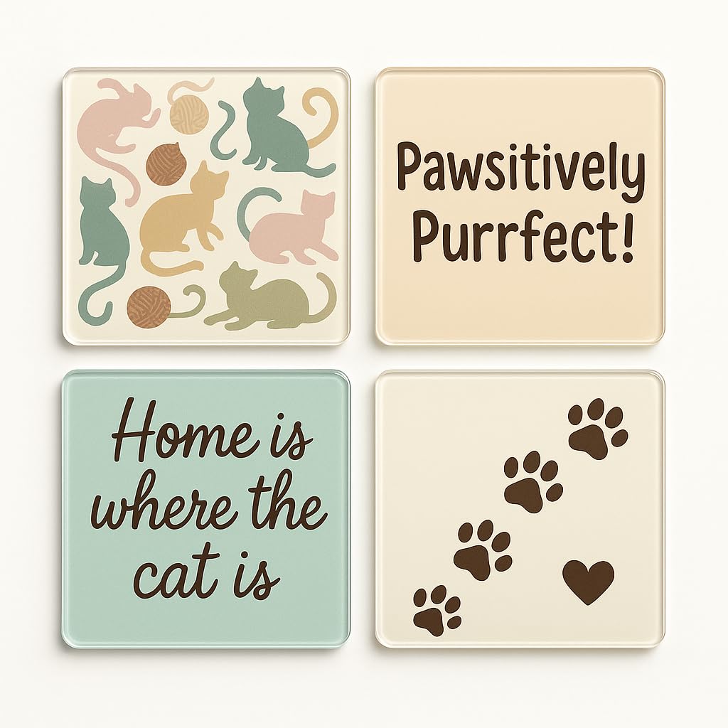 The Plum Penguin Feline Whimsy Set Acrylic Coaster Gift Set Of 4 With Whimsical Cat Designs - Feline Lover Home Decor For Cat Mum And Dad Delight