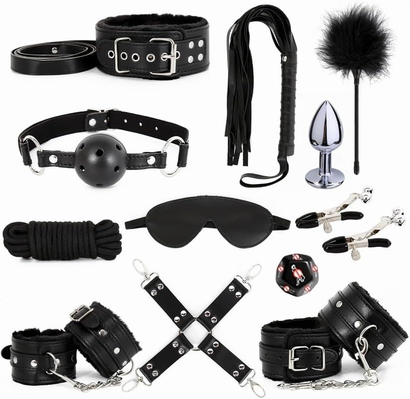 Erotic Products Black 11 Piece Leather Set Adjustable Leather Bracelet Ankle Strap And Eye Mask Couple Gift - H10