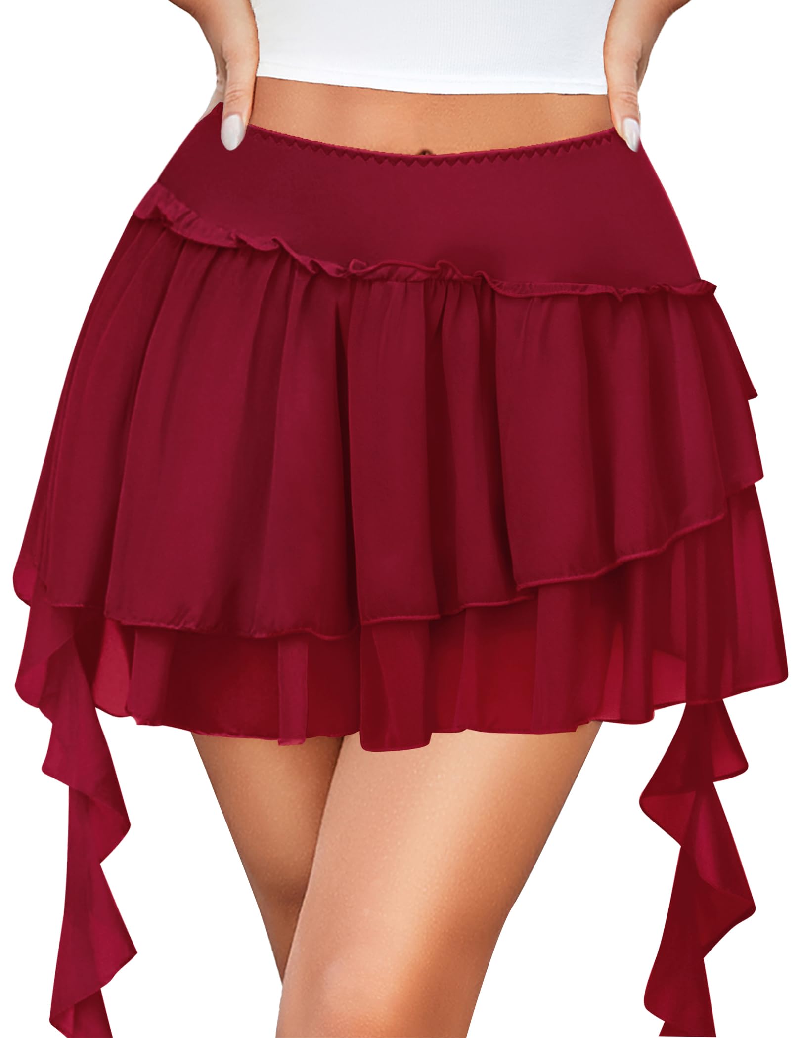 AvidloveWomen's Pleated Mini Skirt Mesh Layered Ruffled Skirt Casual Ruffles Flowy Hem S-XXL