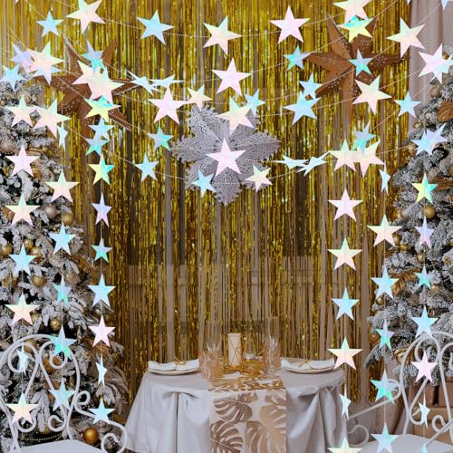 Image of Spakon 65 Feet Glitter Star Paper Garland Banner Hanging Decoration Star Streamers Double Side 2026 Graduation Decorations for Wedding Birthday Festival New Year Party Decoration (Iridescent)