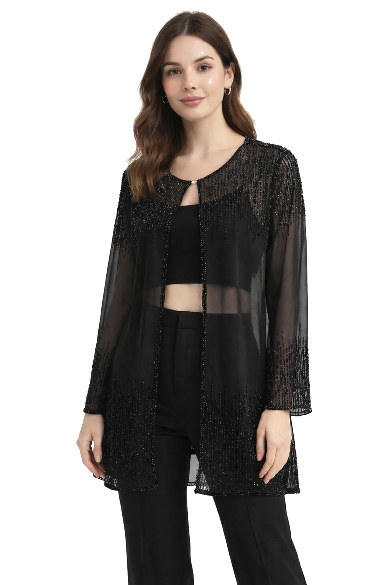 Women Black Georgette Embellished Shrug, Long Sleeve, Open Front, Regular Fit-image-37