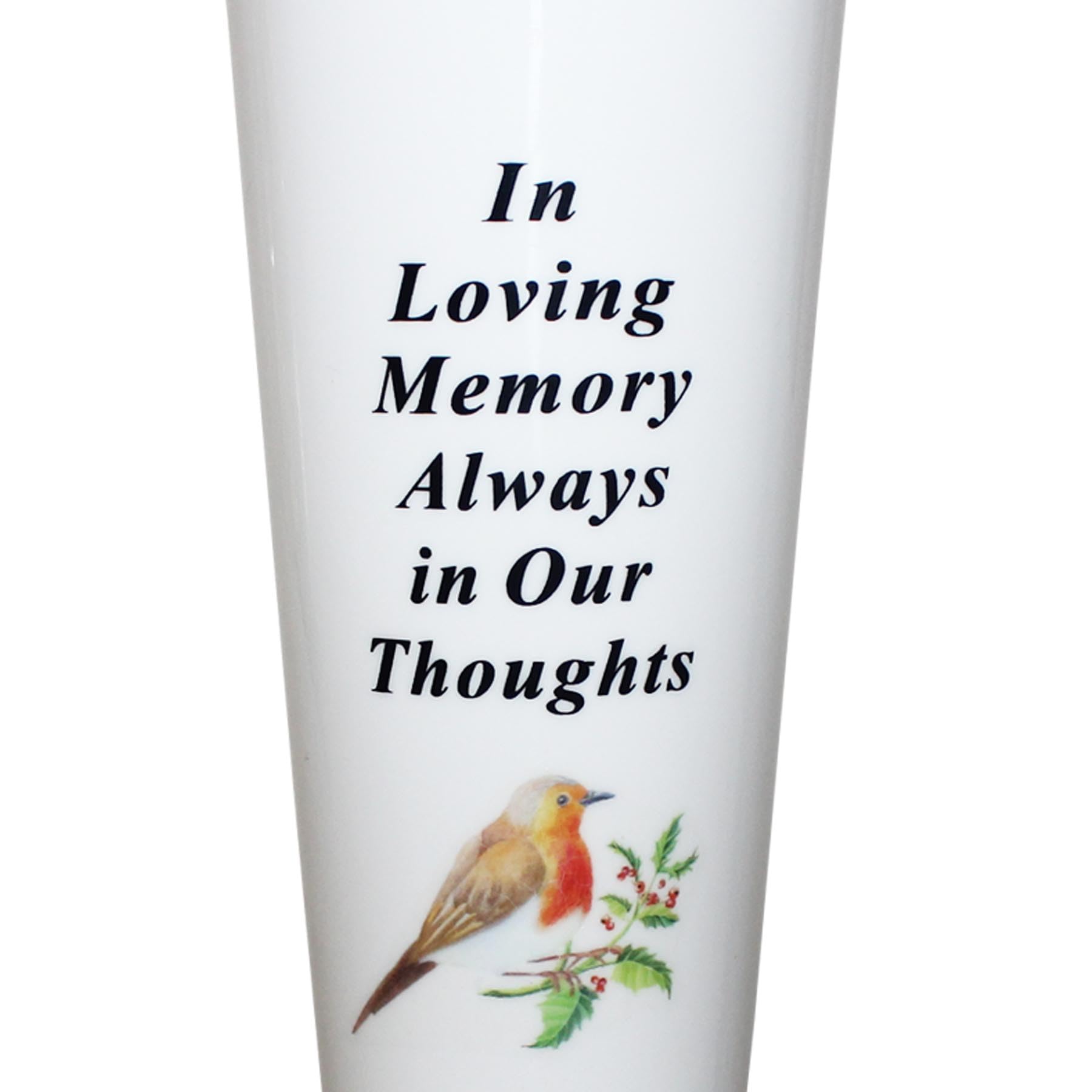 Memorial Grave Flower Pot - 33cm tall Sturdy White Memorial Graveside Flower Vase with Spike and Robin Image (In Loving Memory) - Image 2
