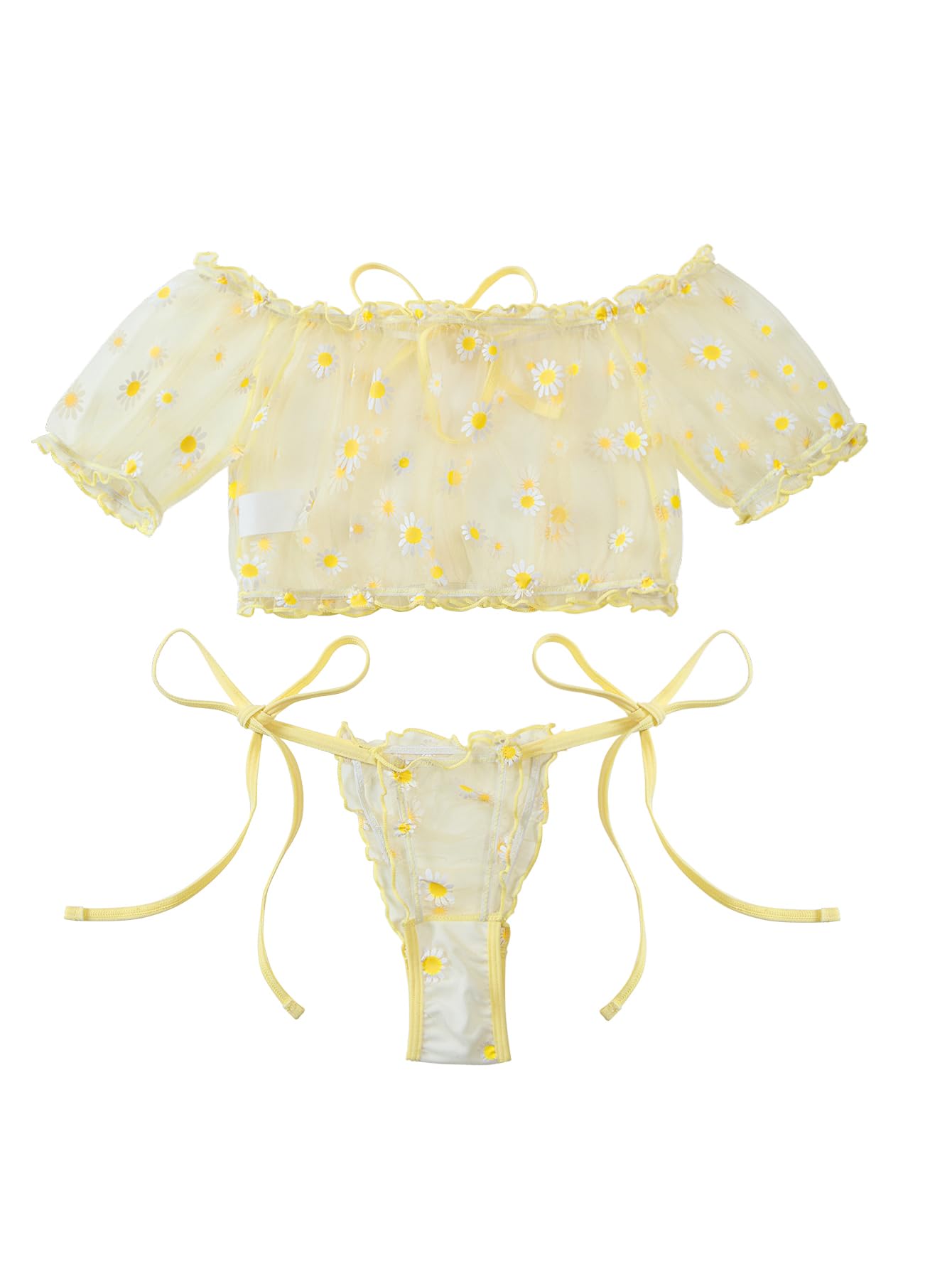 Lilosy Sexy Stretch Ruffle Tie Sheer Mesh Lingerie Set Outfits: Small Flower Yellow