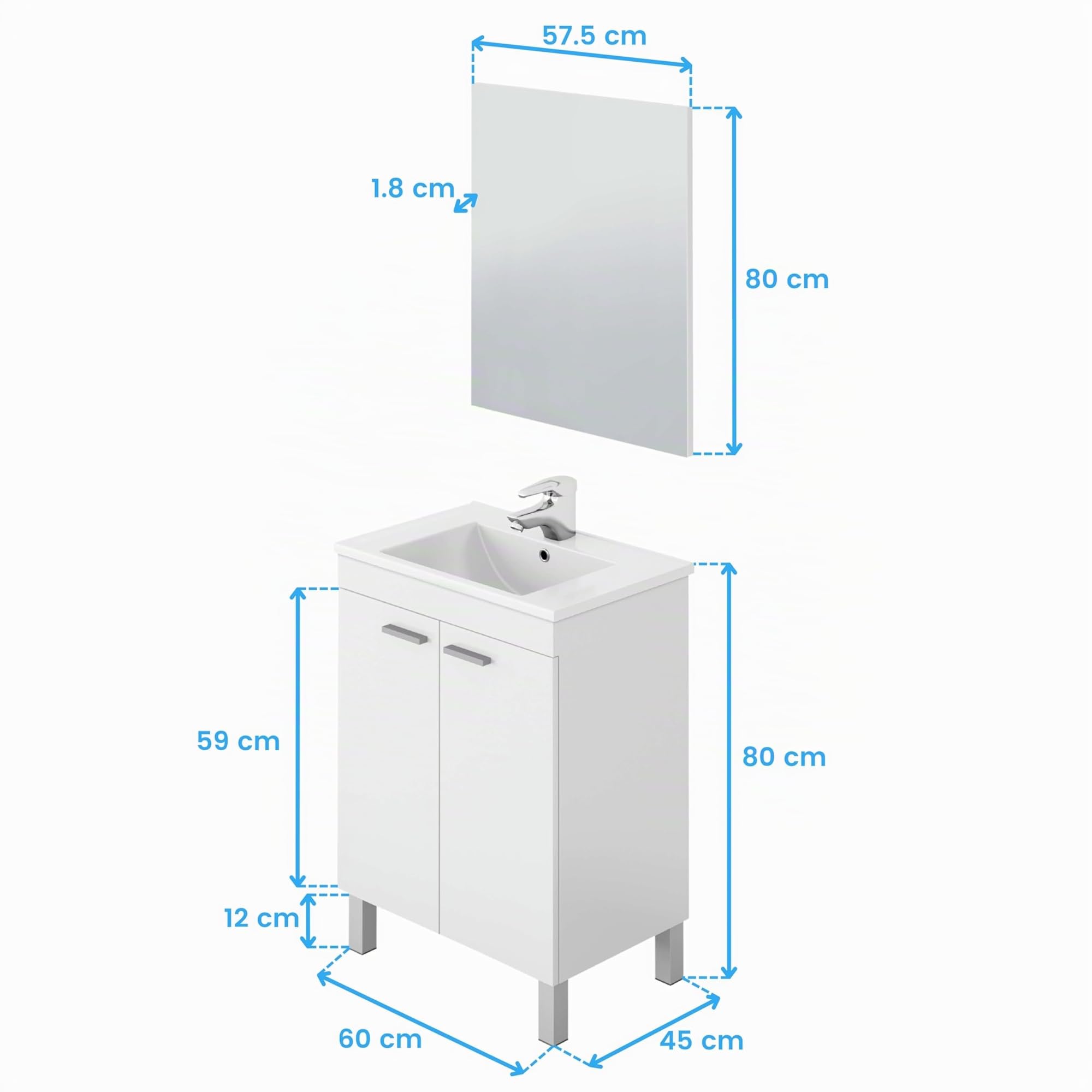 ARKITMOBEL Habitdesign Mueble de Baño con 2 Puertas y Espejo, Modulo Baño, Modelo LC1, Acabado en Blanco Brillo, Medidas: 60 cm (Ancho) x 80 cm (Alto) x 45 cm (Fondo). (Lavabo no Incluido)