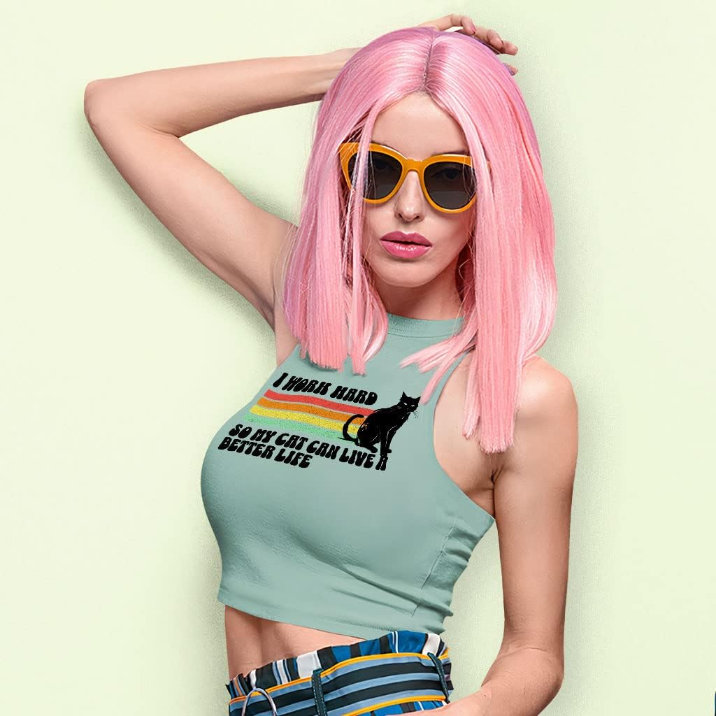 I Work Hard So My Cat Racerback Cropped Tank - Vintage Women's Tank - Trendy Design Tank Top